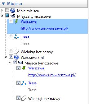 Po wczytaniu zapisanej warstwy KML, w menu Miejsca pojaw się