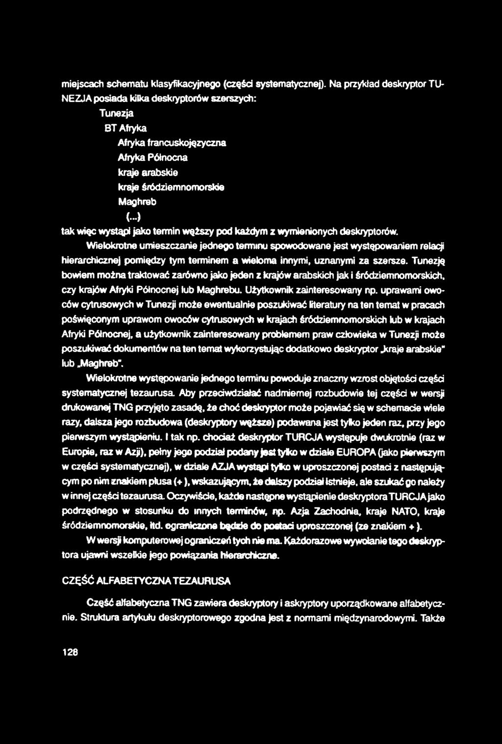 miejscach schematu klasyfikacyjnego (części systematycznej).
