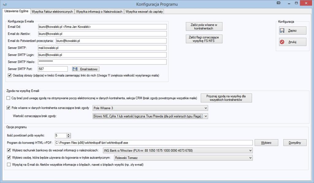 Po uruchomieniu programu program będzie próbował automatycznie utworzyć pola własne zawierające adresy E-mail do wysyłki E-faktur oraz powiadomień.