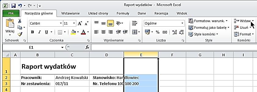Operacje na kolumnach i wierszach 1.