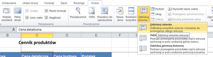 Zablokuj okienka i z wyświetlonej listy wybrad polecenie Zablokuj okienka. Po przewinięciu arkusza w prawą stronę kolumny zablokowane będą cały czas widoczne.