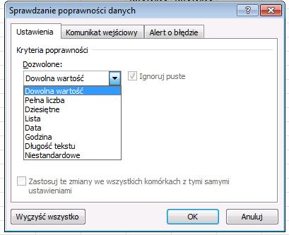 4.1. TYPY DANYCH, KTÓRYCH POPRAWNOŚĆ MOŻNA SPRAWDZAĆ Program MsExcel umożliwia ustawienie następujących typów poprawnych danych: LICZBY.