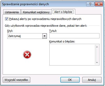 Oprócz zdefiniowanego tekstu, komunikat zawiera ikonę informacyjną, przycisk OK, którego naciśnięcie powoduje wprowadzenie niepoprawnych danych w komórce, a także przycisk Anuluj, przywracający