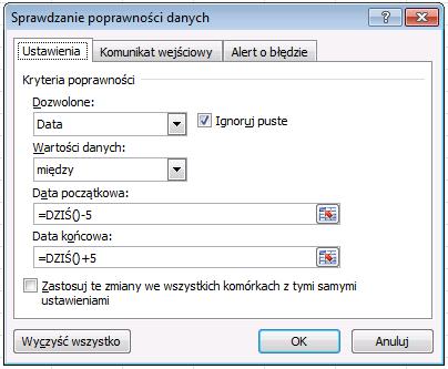 UWAGA! Jeśli komórki zostaną wypełnione kolejnymi datami za pomocą jakiejkolwiek opcji Kopiuj- Wklej, reguły sprawdzania poprawności danych nie zadziałają!