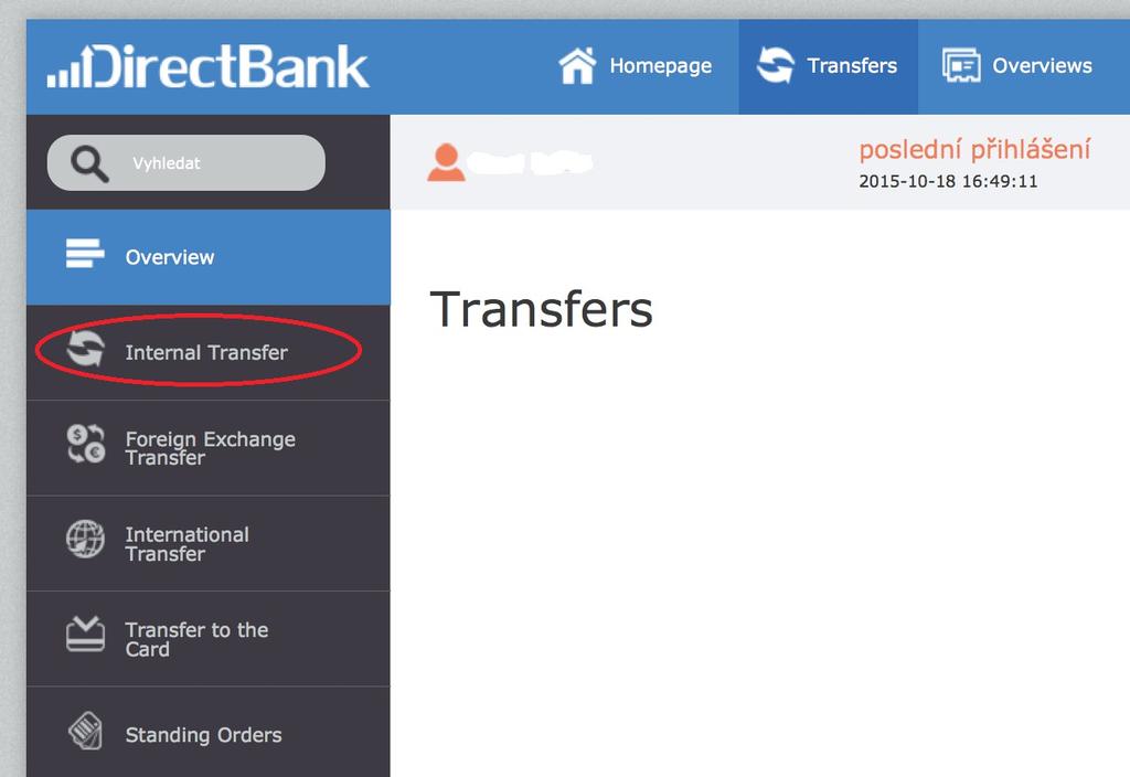 Pojawia się formularz Internal Transfer: Payment template