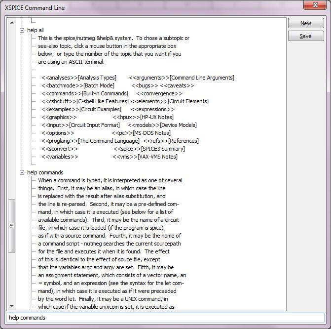 Wykorzystanie linii poleceń XSPICE W celu wykorzystania interfejsu linii poleceń należy wybrać Menu > Simulate > XSPICE Command Line, następnie można wykonywać polecenia wpisując je w okienko na dole.