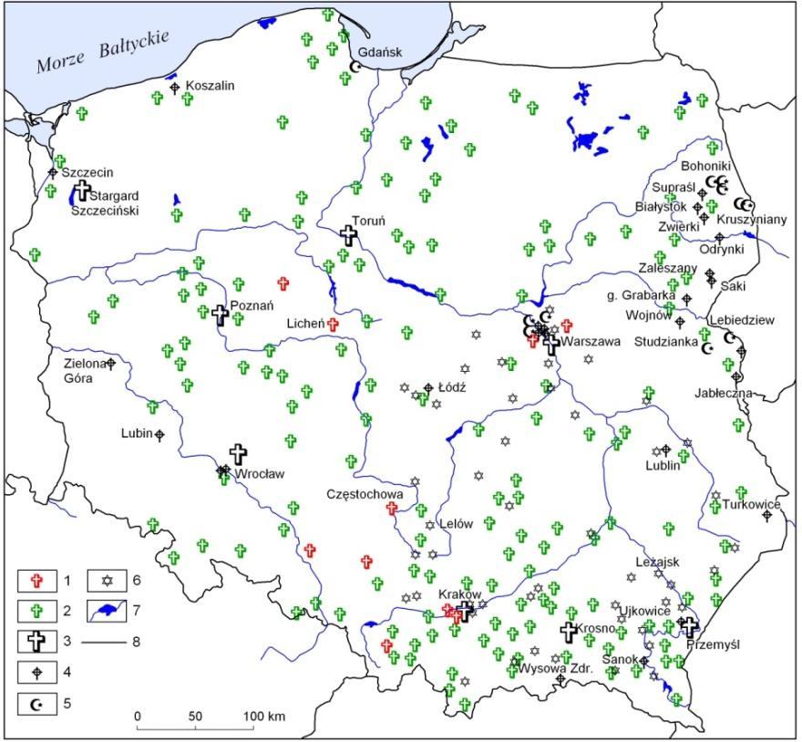Ryc. 5. Rozmieszczenie ważnych obiektów sakralnych warstwa krajobrazy religijne. Na podstawie A. Jackowski, I. Sołjan (2001) and B. Gładyś (2009). Fig. 5. Location of important sacred objects the layer of areas of religious worship.