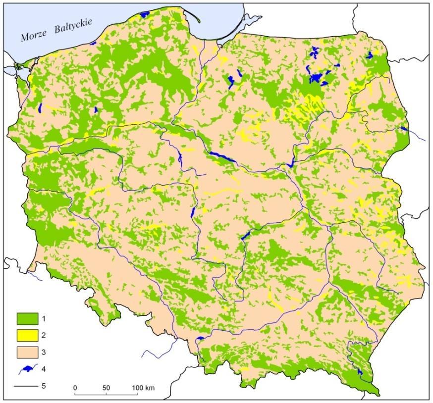 Ryc. 2. Mapa rozmieszczenia lasów (1) i obszarów rolniczych, w podziale na kompleksy użytków zielonych (2) i gruntów ornych (3). Na podstawie: Narodowy Atlasu Polski, 1973-1978 ark.