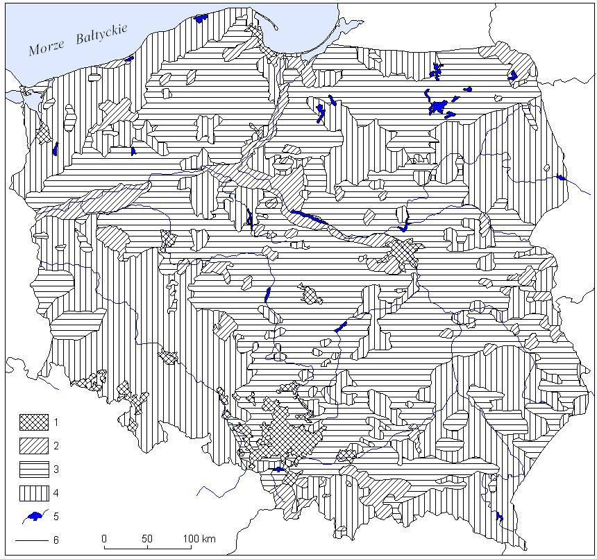 Ryc. 3. Zróżnicowanie przestrzenne osadnictwa warstwa krajobrazy osadnicze. Na podstawie M. Kiełczewska-Zalewska, 1965; D. Szymańska, 2009; generalizacja autorki. Fig. 3. Spatial diversity of settlement the layer of landscapes of settlement.