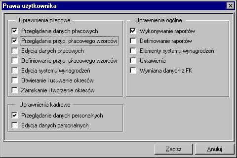 Przygotowanie programu do pracy 161 Rys. 2-8 Okno Prawa użytkownika wgląd w podstawowe dane. Wgląd we wszystkie dane - użytkownik ma możliwość wglądu w dane płacowe i personalne.