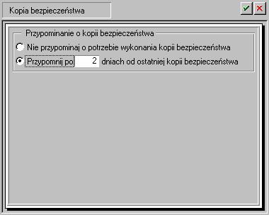 Ustalanie częstotliwości wykonywania kopii bezpieczeństwa Przygotowanie programu do pracy 163 Program PŁACE premium może przypominać o potrzebie zachowania danych przed zakończeniem pracy z firmą.