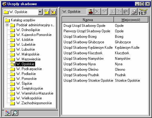R O Z D Z I A Ł 8 Urzędy skarbowe Poruszanie się po katalogu urzędów skarbowych Po kliknięciu przycisku na pasku narzędziowym w oknie programu i wybraniu z listy polecenia Urzędy skarbowe lub po