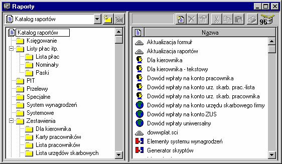 R O Z D Z I A Ł 9 Raporty W programie PŁACE premium predefiniowano kilkadziesiąt raportów najczęściej używanych przy obsłudze wynagrodzeń firmy.