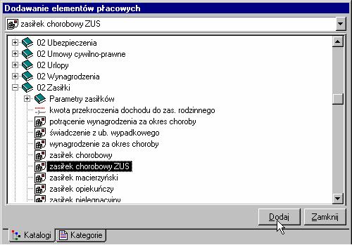 Ustawienia programu 33 Rys. 1-22 Dodawanie elementu zasiłek chorobowy ZUS. W firmie Pro-Han zasiłki na listach płac oraz kartach wynagrodzeń są rozbite na poszczególne kolumny.