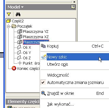 Następnie rozwijamy gałąź Początek i klikamy element Płaszczyzna XY prawym przyciskiem myszy.