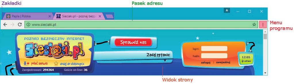 Rysunek poniżej (rysunek 2.3.) przedstawia okno przeglądarki Google Chrome. Rysunek 2.3. Okno przeglądarki Google Chrome Do poruszania się po stronach internetowych służą odnośniki (najczęściej są wyróżnione), inaczej zwane też linkami lub hiperłączami.