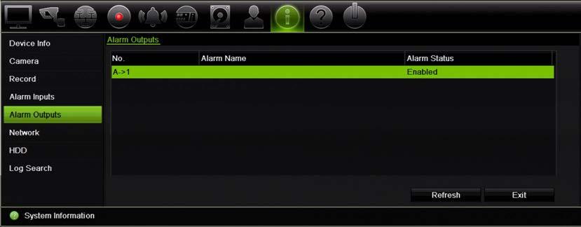 Rozdział 17: Informacje o systemie 6. Aby wyświetlić informacje o wyjściu alarmowym, kliknij kartę Wyjścia alarmowe. Można wyświetlić stan numer wyjścia alarmowego, nazwę alarmu i jego stan. 7.