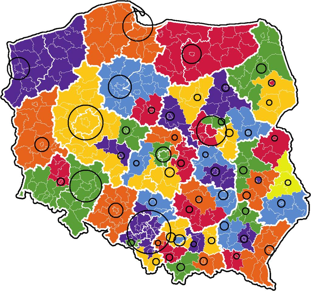 6 ZMIANA ORDYNACJI WYBORCZEJ SPEKULACJE I REALIA Mapa 1. Podział polski na 55 skrzywionych okręgów. Wielkość czarnych okręgów odpowiada liczbie mandatów.