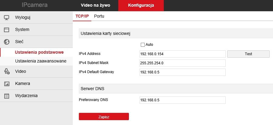 2.4 Ustawienia sieciowe 2.4.1 Ustawienia podstawowe Kliknij Konfiguracja Sieć Ustawienia podstawowe TCP/IP aby wyświetlić podstawowe ustawienia karty sieciowej.