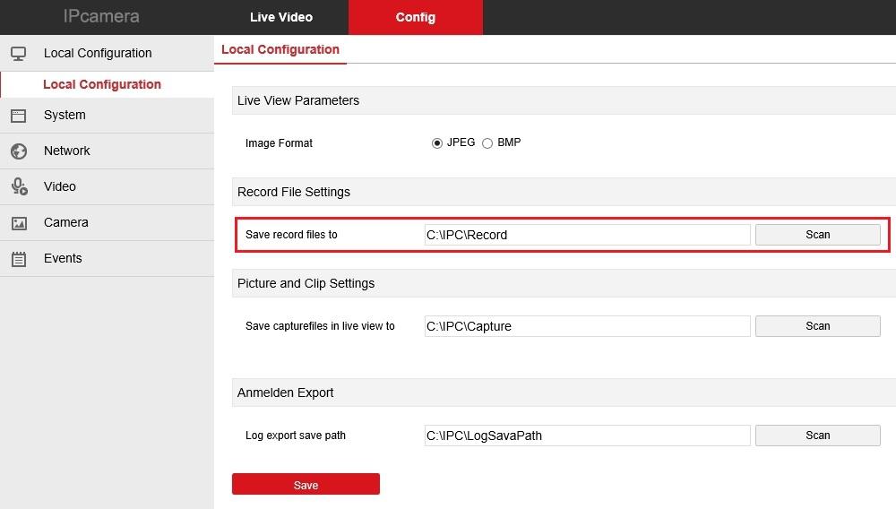 2. Ustawienia systemowe 2.1 Nagrywanie na dysk lokalny Kliknij Config Local Configuration, aby skonfigurować ścieżkę do dysku lokalnego. Po wybraniu lokalizacji.