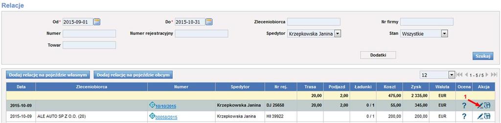 Rys. 143 Edytowanie Relacji w liście relacji Formularz edytowanej relacji, w którym można dokonywać zmian jest przedstawiony na Rys.