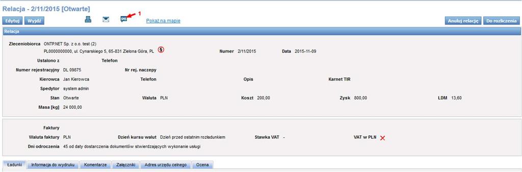 6.6.3 Wysłanie relacji sms-em Po skonfigurowaniu parametrów wysyłania sms w icargo można relację wysyłać za pomocą sms.