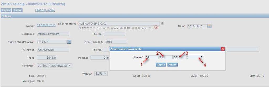 Przyrostek (Rys. 151, poz. 4): opisuje grupę spedytorów. Zmiany zapisujemy klikając przycisk Zapisz w oknie Zmień numer dokumentu, a następnie zachować zmiany w relacji. Rys.