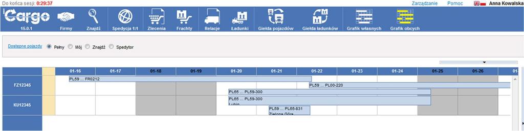 Rys. 154 Przykładowy Grafik relacji Celem grafiku jest zastąpienie tablic czy też arkuszy Excel wykorzystywanych w spedycjach i firmach transportowych.