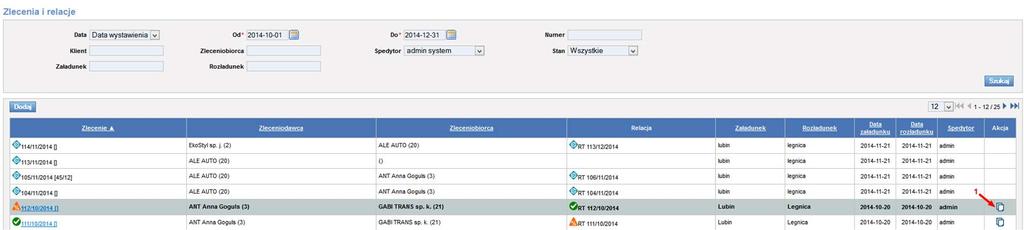 Wówczas wystarczy wybrać interesujące nas zlecenie ze Spedycji 1:1 i skopiować klikając ikonę Kopiuj (Rys. 173, poz.1) w kolumnie Akcja.