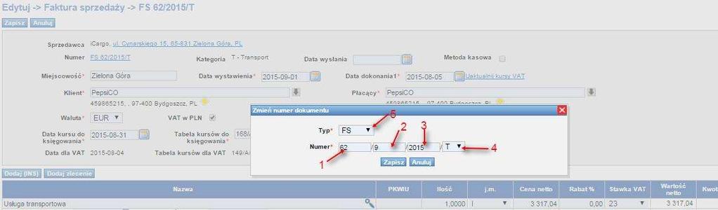 W edytowanej fakturze klikamy na link z numerem faktury sprzedaży (Rys. 206, poz. 1). Rys. 206 Edytowanie numeru faktury sprzedaży Okno Zmień numer dokumentu (Rys.