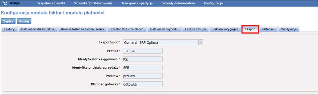 11 Dodatki 11.1 Współpraca z Comarch ERP Optima 11.1.1 Konfiguracja icargo Konfiguracji do współpracy z Comarch OPTIMA dokonujemy w icargo w opcjach Zarządzania (pkt. 3).