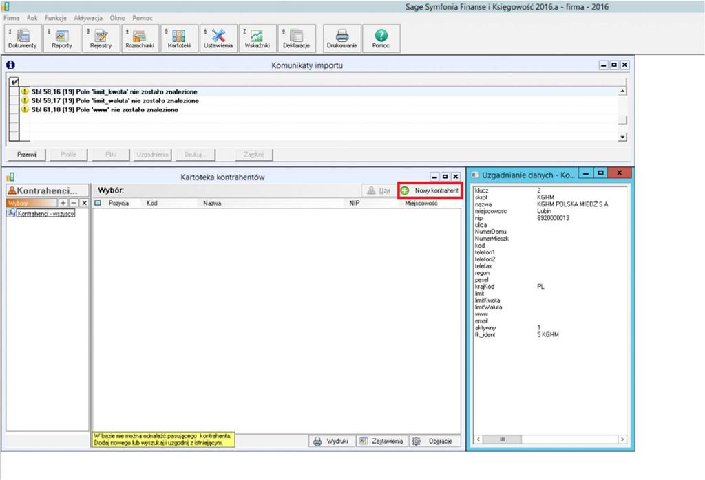 Wybieramy te dane, które chcemy zaimportować z listy. Następnie dodać trzeba nowego kontrahenta, jeżeli jeszcze nie mamy go w systemie.