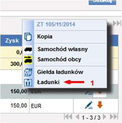 Rys. 407 Wyświetlenie listy ładunków 12.19 Utworzenie relacji z dwoma zleceniami Utworzyć relację z dwoma lub więcej zleceniami możemy w spedycji klasycznej. Po dodaniu i zapisaniu zlecenia (pkt. 6.2.2) tworzymy relację na pojeździe własnym lub obcym (pkt.