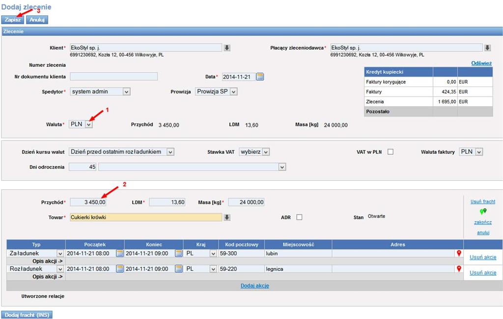 Przychód (Rys. 413, poz. 2) wprowadzamy kwotę zlecenia 3450. Rys. 413 Dodanie zlecenia klasycznego w PLN Po wprowadzeniu danych zapisujemy zmiany klikając przycisk [Zapisz]. (Rys. 413, poz. 3).