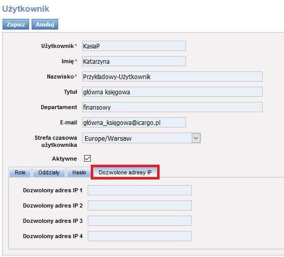 Dla każdego użytkownika można podać maksymalnie 4 dowolne adresy IP, z których może się logować do icargo. Rys.