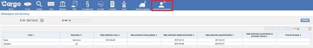 Rys. 43 Opcja Alarmy pracownicy w module Inne Gdy ustawimy datę Od, po kliknięciu szukaj wyświetleni zostaną pracownicy, którym ważność badań i innych terminów ustawionych w danych pracownika, kończy