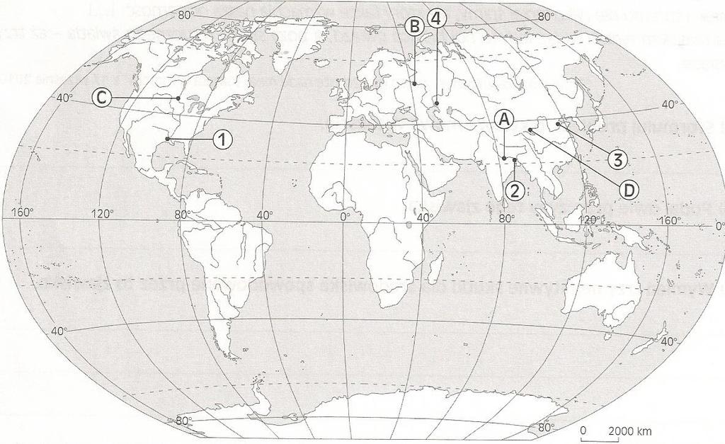Zadanie 19. (0 4) Na mapie świata zaznaczono cyframi niziny (1, 2, 3, 4) i literami rzeki (A, B, C, D). Rozpoznaj niziny i rzeki zaznaczone na mapie i wpisz ich nazwy do tabeli w odpowiednim miejscu.