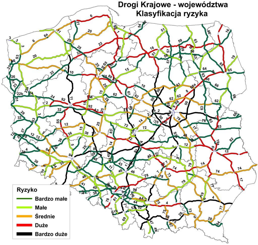 Łącznie na wymienionych siedemnastu drogach krajowych występuje 60 % ofiar śmiertelnych. Przeprowadzono także ocenę ryzyka na odcinkach dróg krajowych przebiegających przez poszczególne województwa.