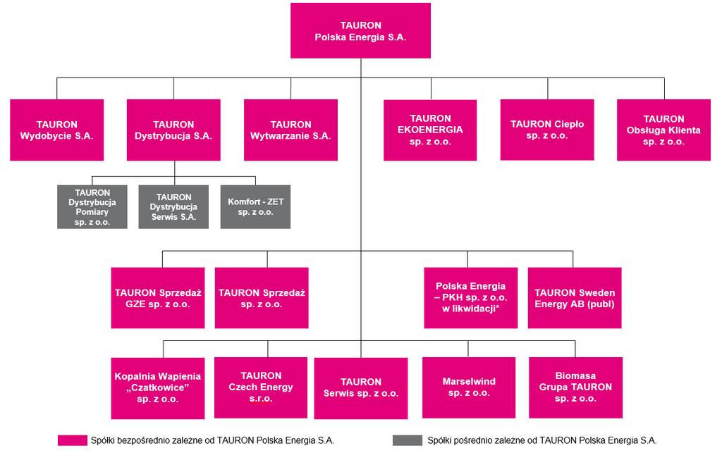 Rysunek nr 2. Struktura Grupy Kapitałowej TAURON, uwzględniająca spółki objęte konsolidacją na dzień 31 grudnia 2016 r. * W dniu 8 marca 2017 r.