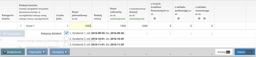 Działania z harmonogramu są wypisane pod tabelką i oznaczone Dotyczy działań.