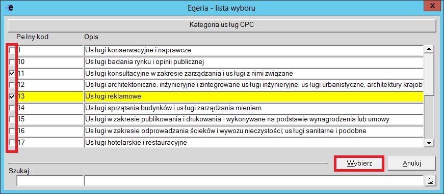 Na liście oznaczamy pozycje, które chcemy wybrać poprzez oznaczenie pozycji