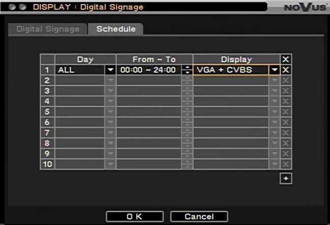 NDR-EA2104 / NDR-EA2208 / NDR-EA2416 User s manual ver. 1.0 RECORDER S MENU 3.3.3. CVBS Settings referring to CVBS output are identical to those in chapter 3.3.2 (VGA menu). 3.3.4. Digital Signage After selecting this submenu and pressing ENTER, the following screen appears: DVRs feature the possibility of displaying ads during its operation.
