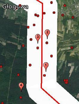 Trasa linii a) oraz powiększenie jej fragmentu b)- dla linii 400 kv JOA-ROG z zaznaczonym jako nr 1 wyładowaniem a) 4.
