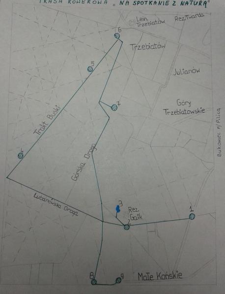 Mapa trasy rowerowej i jej przystanki 1. Początek trasy na skraju rezerwatu Gaik 2. Przystanek przy krzyżu 3. Jeziorko śródleśne 4. Las bukowy 5.
