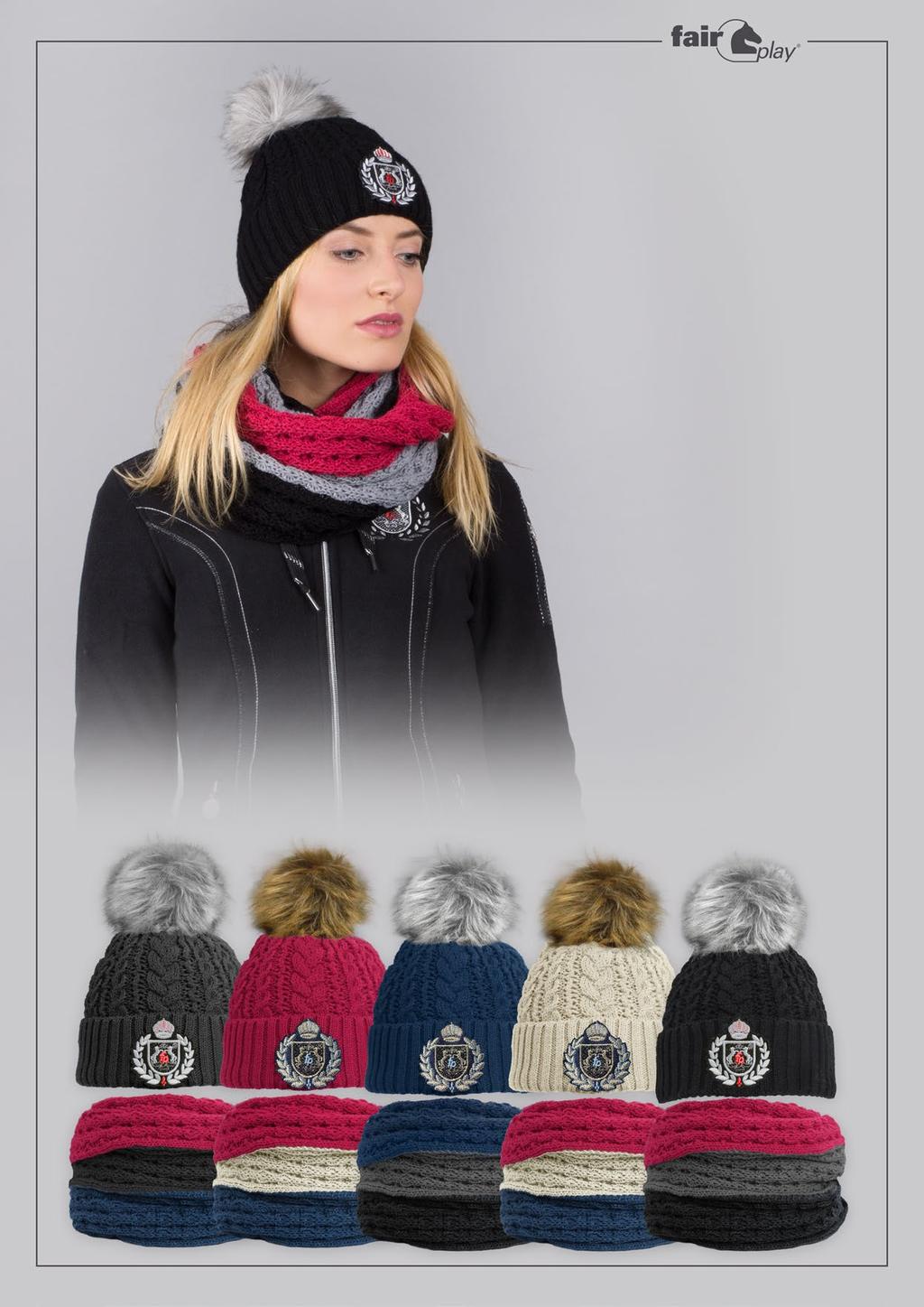 MERIDA Czapka z kominem Winter hat with tube scarf Bardzo ciepła czapka z charakterystycznym pomponem i logo Fair Play. W zestawie trójkolorowy komin.