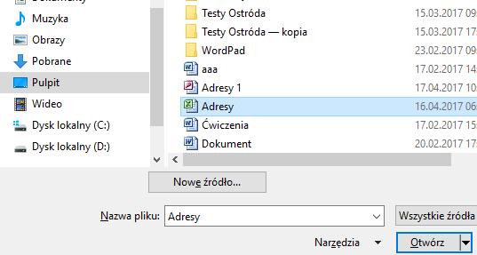 [11/20] WORD Rysunek 18. Wybór pliku z listą adresów W nowym oknie w lewej jego części zaznaczamy Pulpit, a w prawej nazwę pliku: Adresy i klikamy przycisk Otwórz. Rysunek 19.