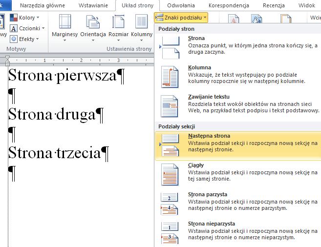 [12/20] WORD Posłużymy się przykładem dokumentu 3 stronicowego, w którym strona 2 ma mieć orientację poziomą. Otwieramy nowy pusty dokument.