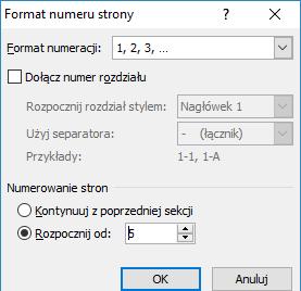 wybieram Formatuj numery stron. Rysunek 28. Numery stron OK.