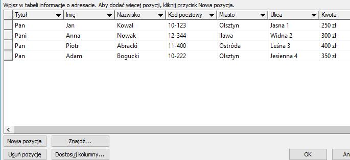 Uporządkowanie pól na liście Po uporządkowaniu wszystkich pól przechodzimy do wpisywania danych.