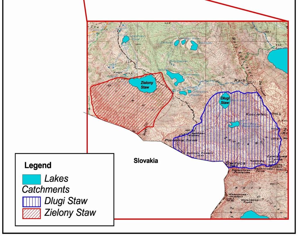 Tatry - parametry zlewni Zielonego i Długiego Stawu Zielony Staw Powierzchnia zlewni 37,2 ha Powierzchnia jeziora 3,84 ha Czas